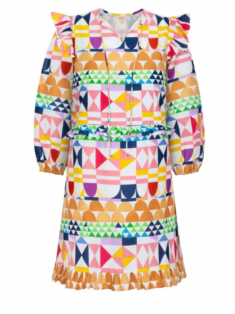 Sunshine Tienda Multicolor Geometric Mini Dress with 3/4 Sleeves Ruffle Details